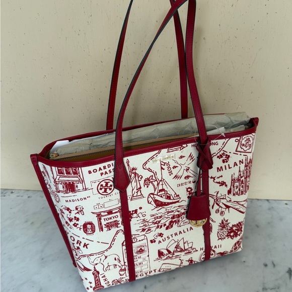 NWT Tory Burch Illustrated Tote in Red Cream highlighting international cities - Picture 13 of 13